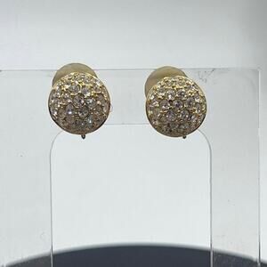 Swarovski Signed Swan Domed Button 18k Gold Plated Crystal Pave Clip On Earrings